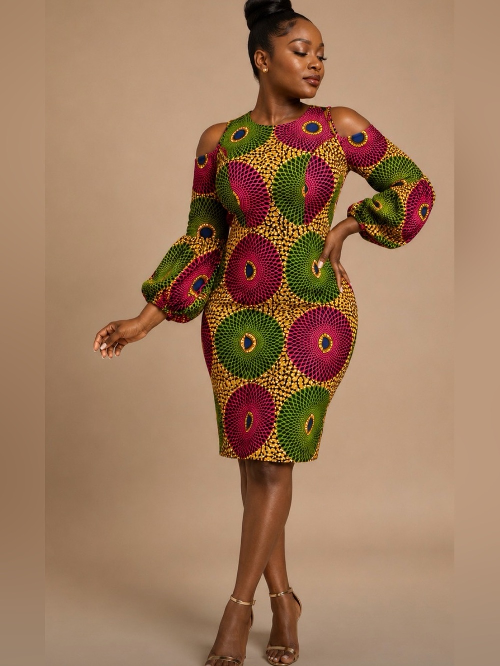 Cold-Shoulder Ankara Print Mini Dress in Green & Magenta